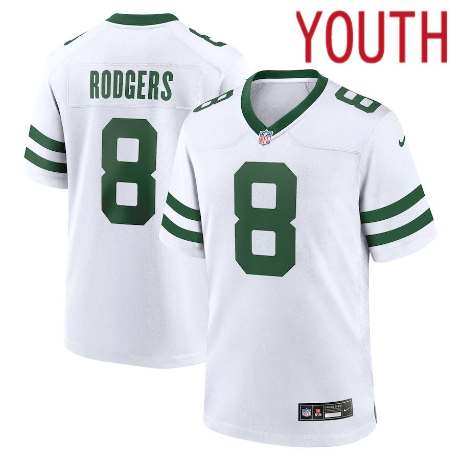 Youth New York Jets 8 Aaron Rodgers Nike Legacy White Game NFL Jersey